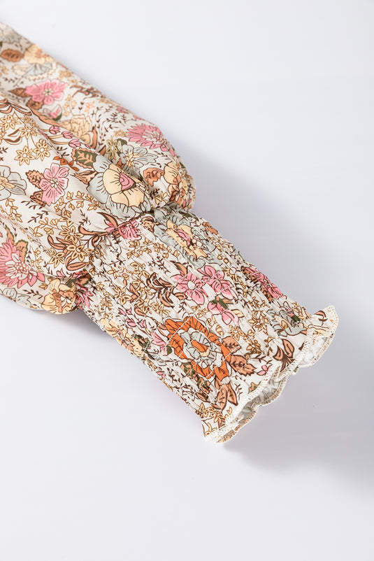 DLLS14 - Yellow Floral Print Tie Neck Lantern Sleeve Blouse