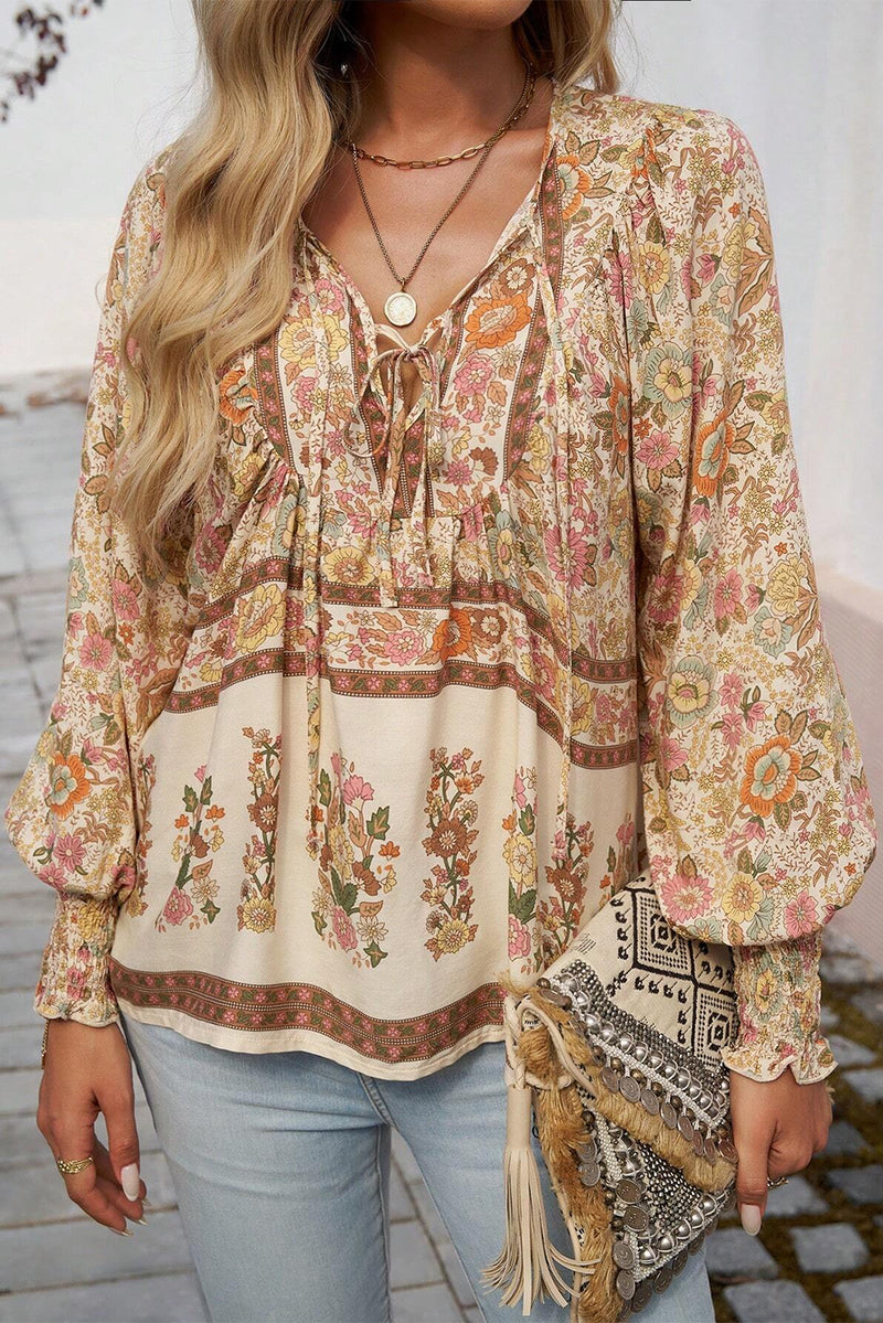 Load image into Gallery viewer, DLLS14 - Yellow Floral Print Tie Neck Lantern Sleeve Blouse
