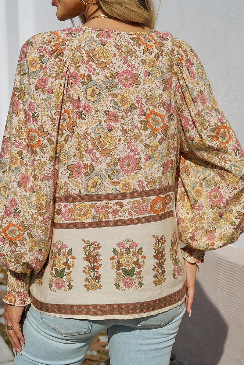 Load image into Gallery viewer, DLLS14 - Yellow Floral Print Tie Neck Lantern Sleeve Blouse
