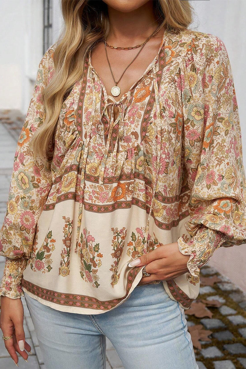 Load image into Gallery viewer, DLLS14 - Yellow Floral Print Tie Neck Lantern Sleeve Blouse
