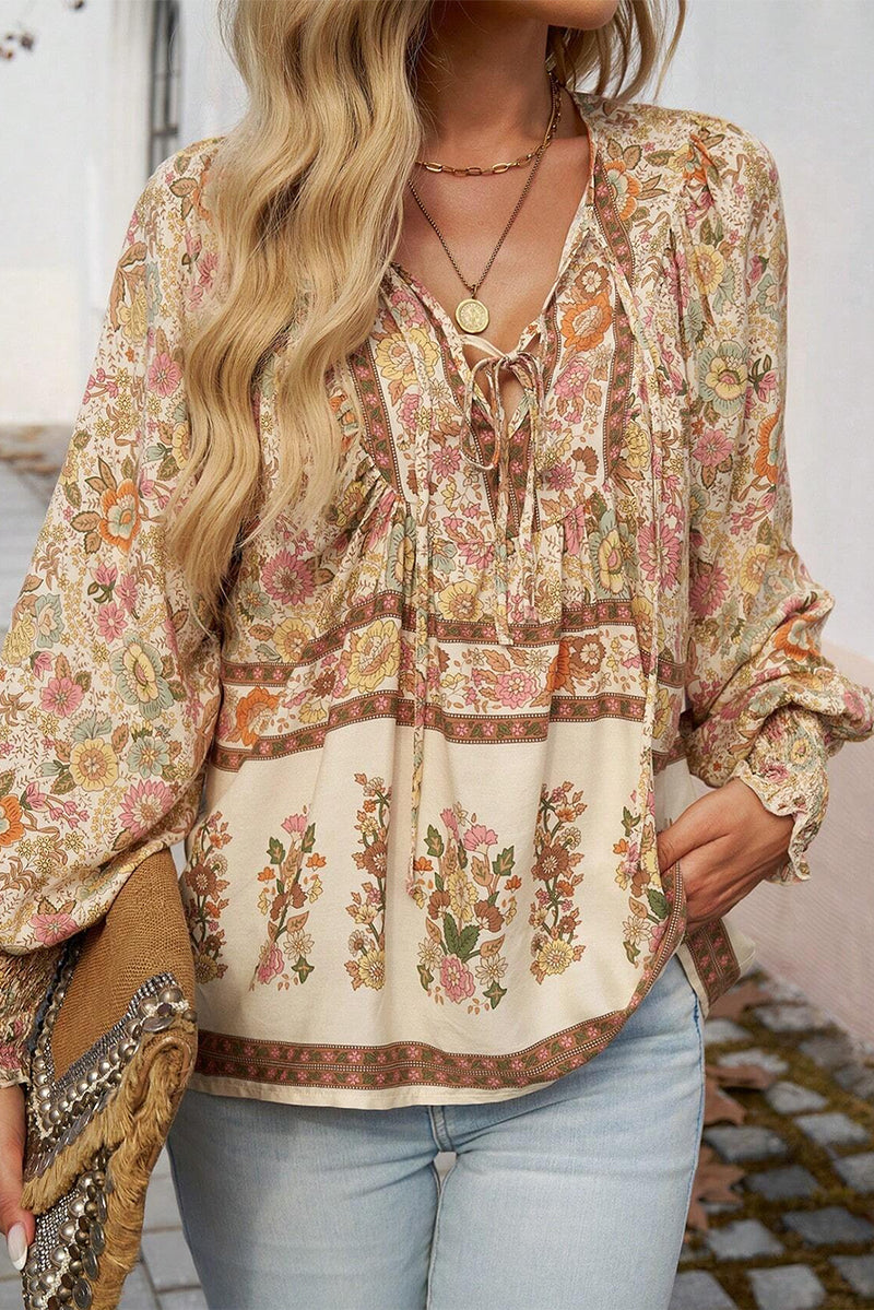 Load image into Gallery viewer, DLLS14 - Yellow Floral Print Tie Neck Lantern Sleeve Blouse
