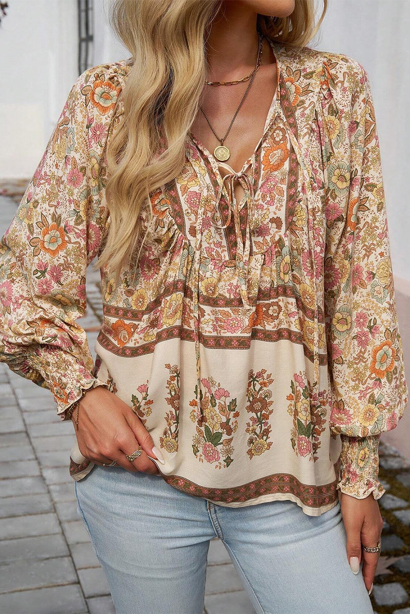 Load image into Gallery viewer, DLLS14 - Yellow Floral Print Tie Neck Lantern Sleeve Blouse
