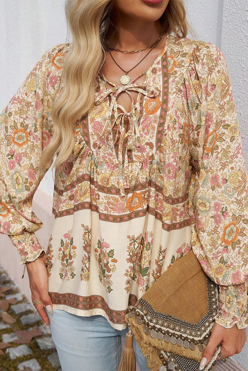 Load image into Gallery viewer, DLLS14 - Yellow Floral Print Tie Neck Lantern Sleeve Blouse
