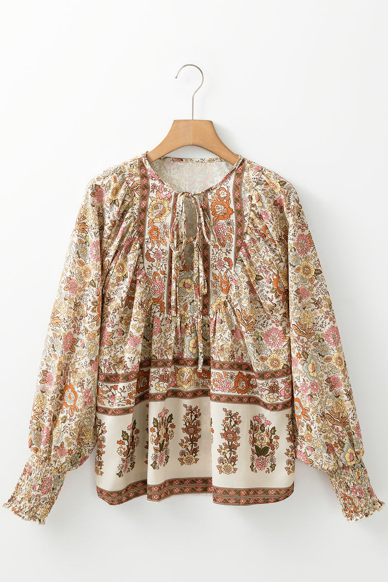 Load image into Gallery viewer, DLLS14 - Yellow Floral Print Tie Neck Lantern Sleeve Blouse
