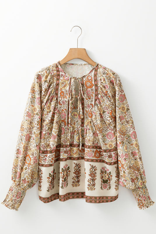 DLLS14 - Yellow Floral Print Tie Neck Lantern Sleeve Blouse
