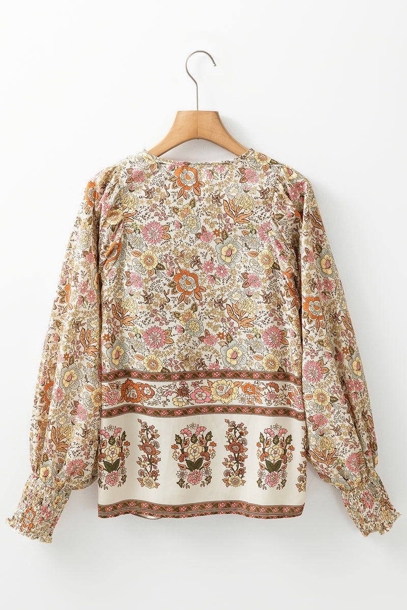 Load image into Gallery viewer, DLLS14 - Yellow Floral Print Tie Neck Lantern Sleeve Blouse
