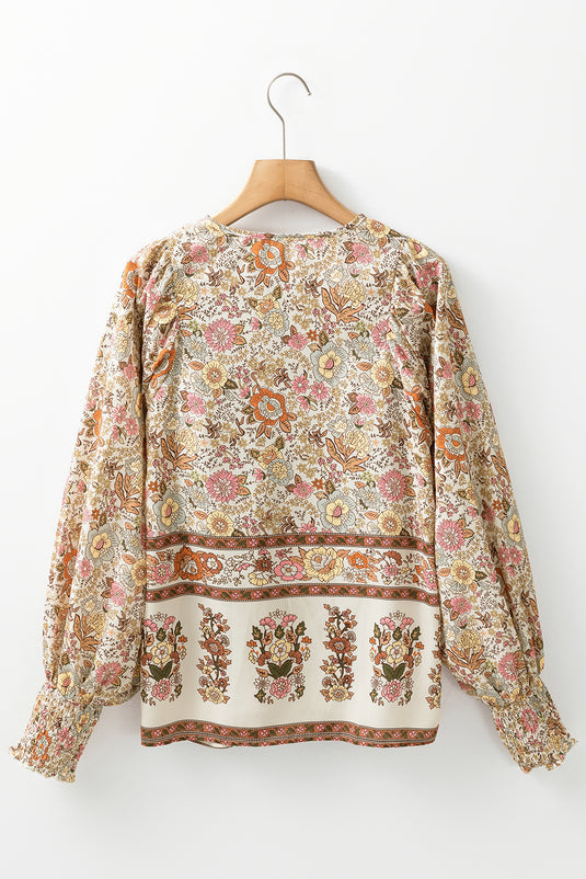 DLLS14 - Yellow Floral Print Tie Neck Lantern Sleeve Blouse