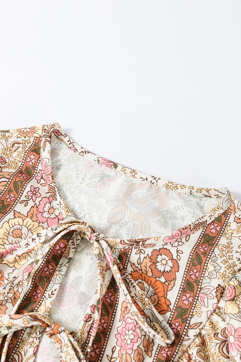 Load image into Gallery viewer, DLLS14 - Yellow Floral Print Tie Neck Lantern Sleeve Blouse
