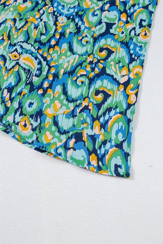 DLLS20 - Green Abstract Print V Neck Half Sleeve Loose Fit Tunic Blouse