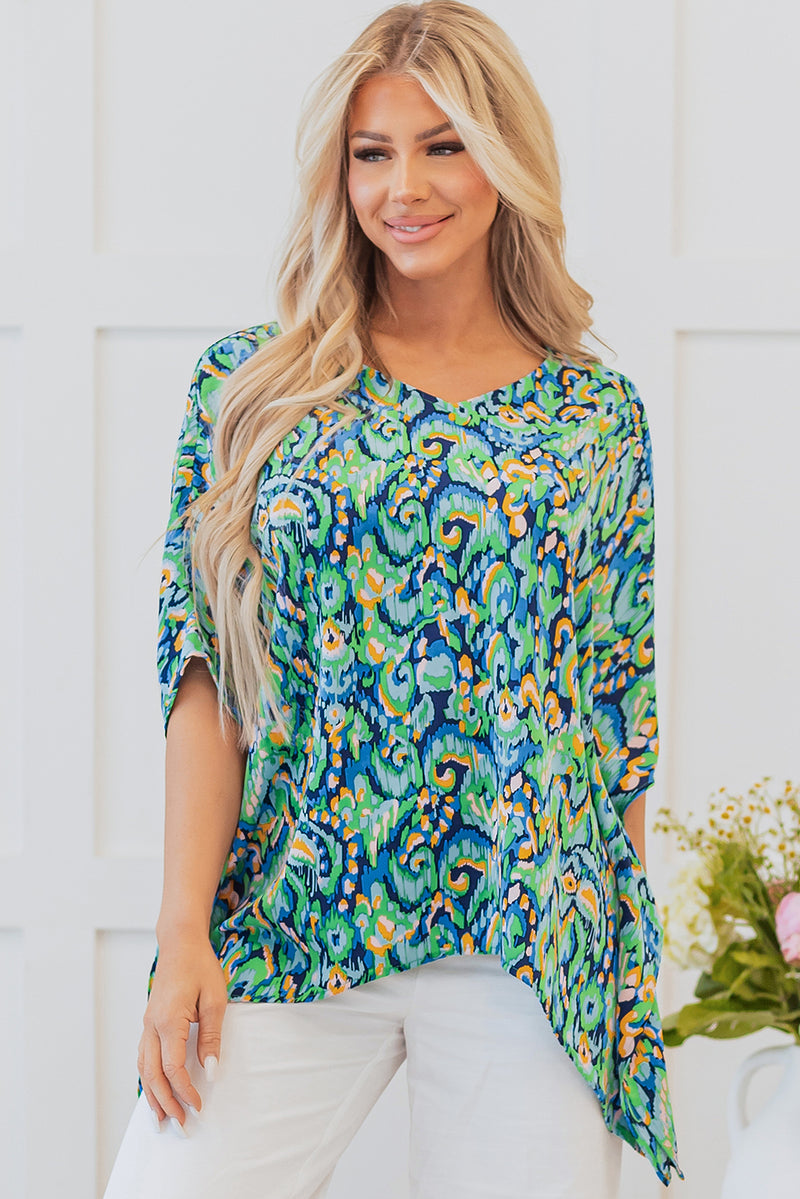 Load image into Gallery viewer, DLLS20 - Green Abstract Print V Neck Half Sleeve Loose Fit Tunic Blouse
