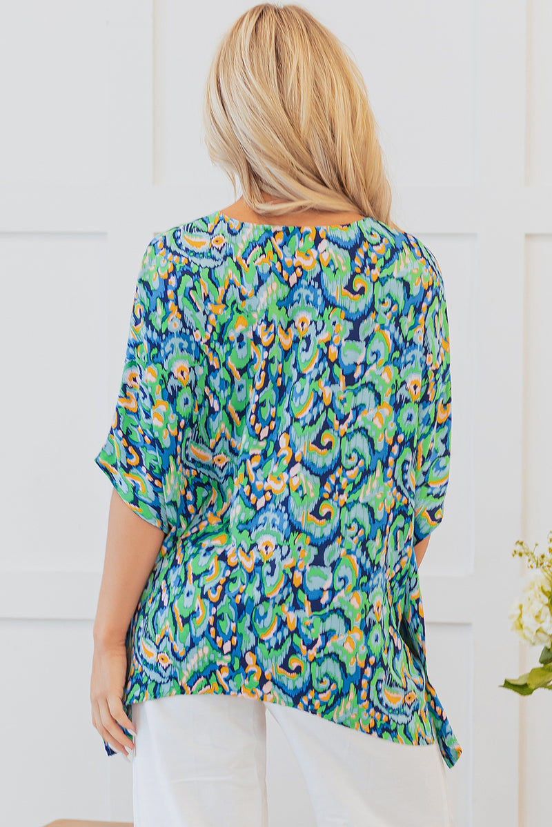 Load image into Gallery viewer, DLLS20 - Green Abstract Print V Neck Half Sleeve Loose Fit Tunic Blouse
