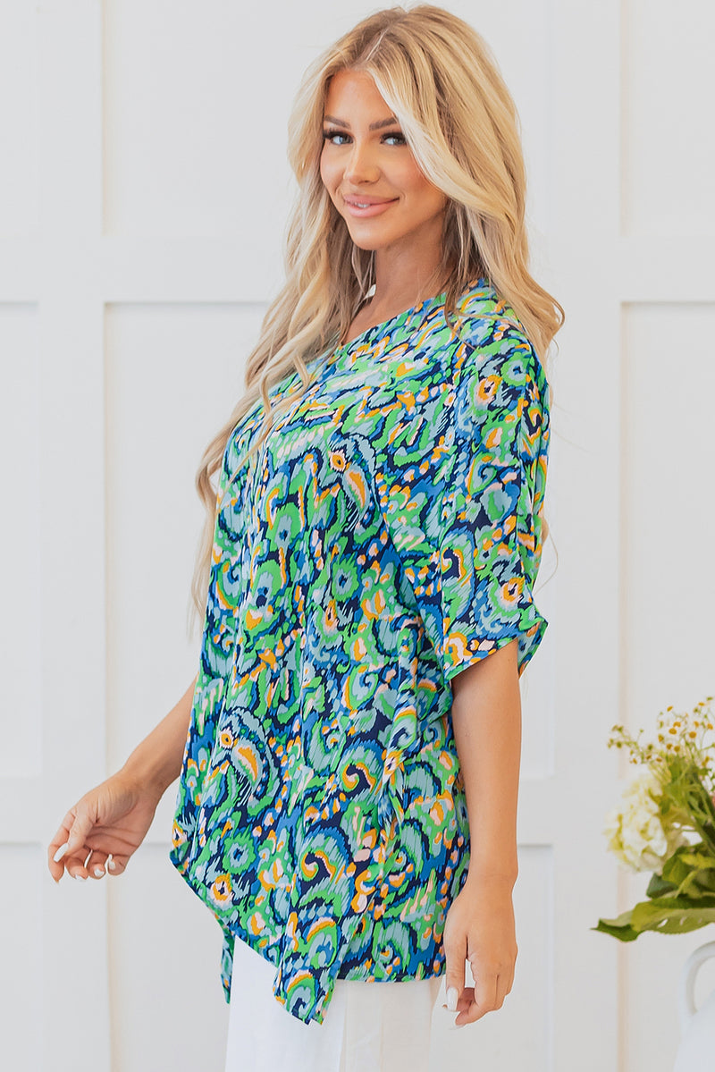 Load image into Gallery viewer, DLLS20 - Green Abstract Print V Neck Half Sleeve Loose Fit Tunic Blouse
