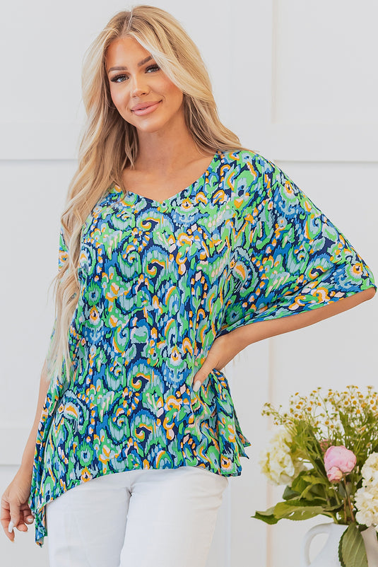 DLLS20 - Green Abstract Print V Neck Half Sleeve Loose Fit Tunic Blouse
