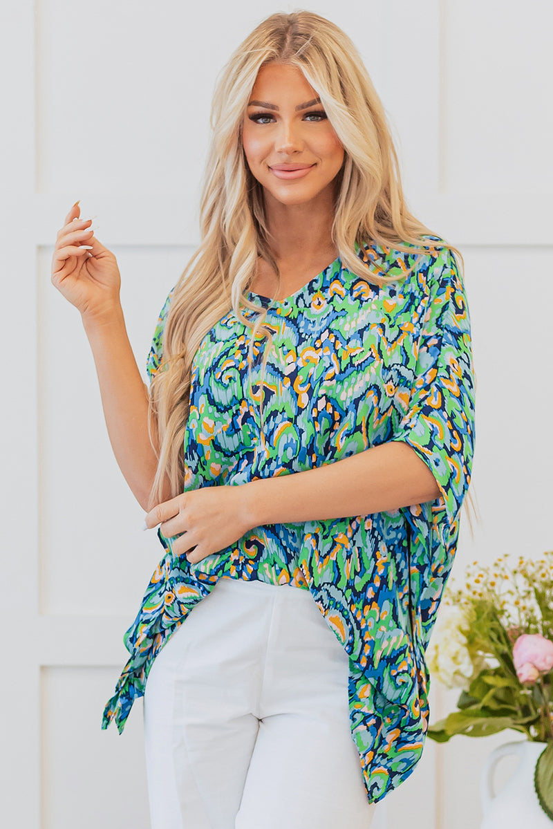 Load image into Gallery viewer, DLLS20 - Green Abstract Print V Neck Half Sleeve Loose Fit Tunic Blouse
