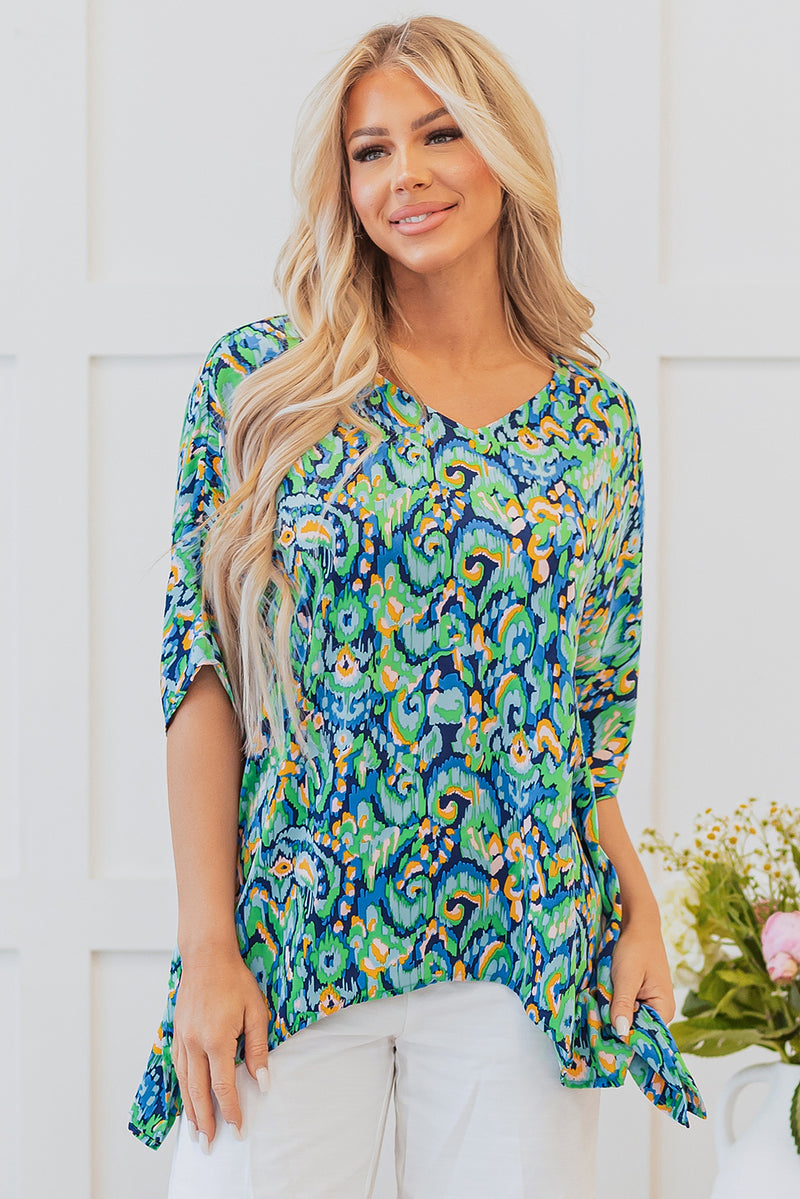 Load image into Gallery viewer, DLLS20 - Green Abstract Print V Neck Half Sleeve Loose Fit Tunic Blouse
