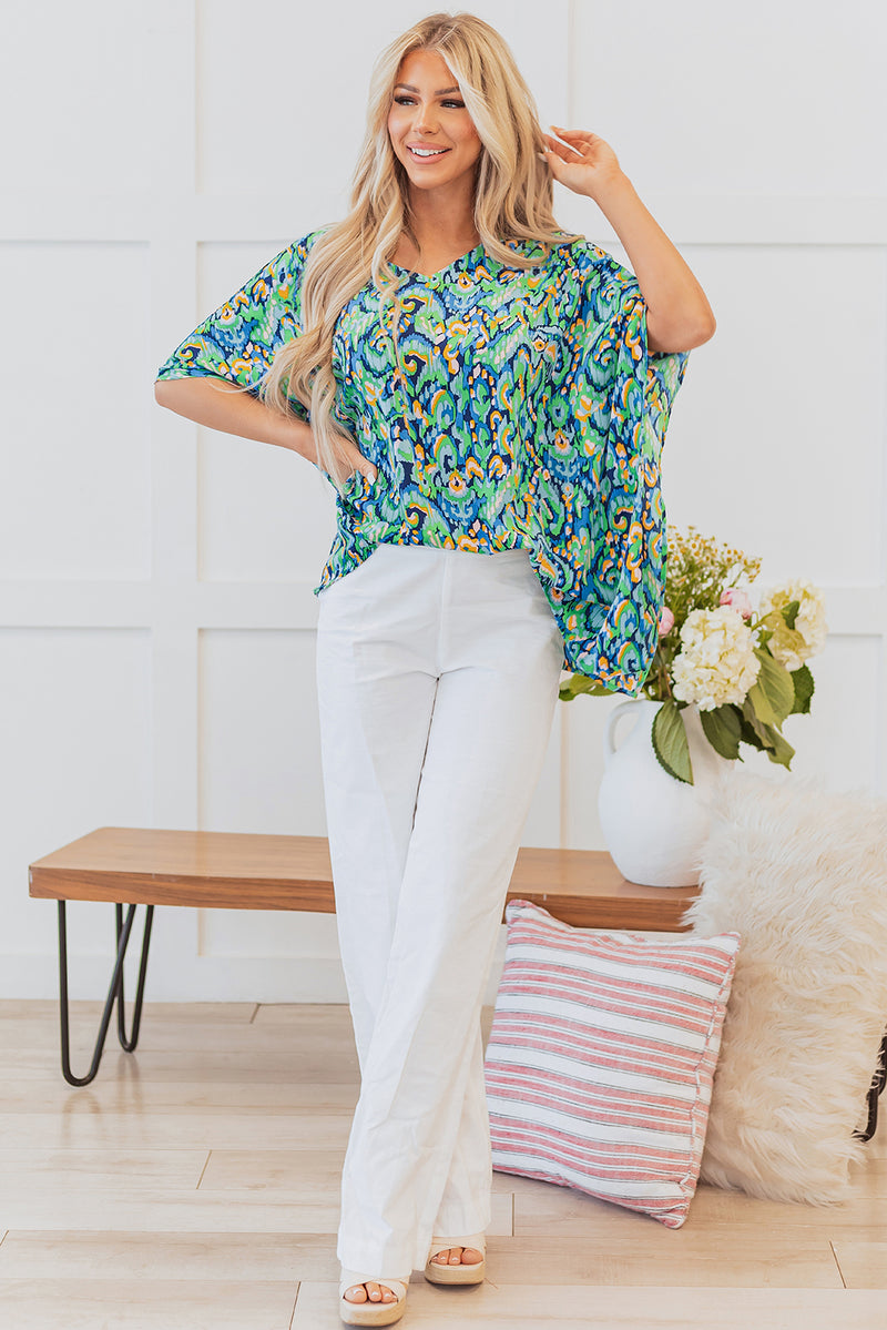 Load image into Gallery viewer, DLLS20 - Green Abstract Print V Neck Half Sleeve Loose Fit Tunic Blouse
