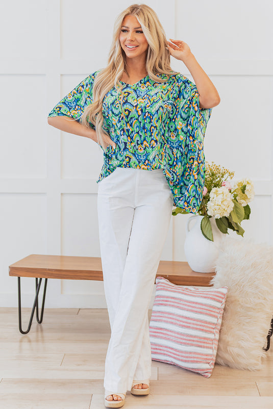 DLLS20 - Green Abstract Print V Neck Half Sleeve Loose Fit Tunic Blouse