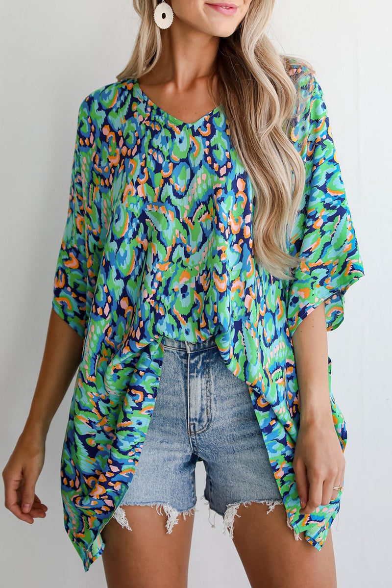 Load image into Gallery viewer, DLLS20 - Green Abstract Print V Neck Half Sleeve Loose Fit Tunic Blouse
