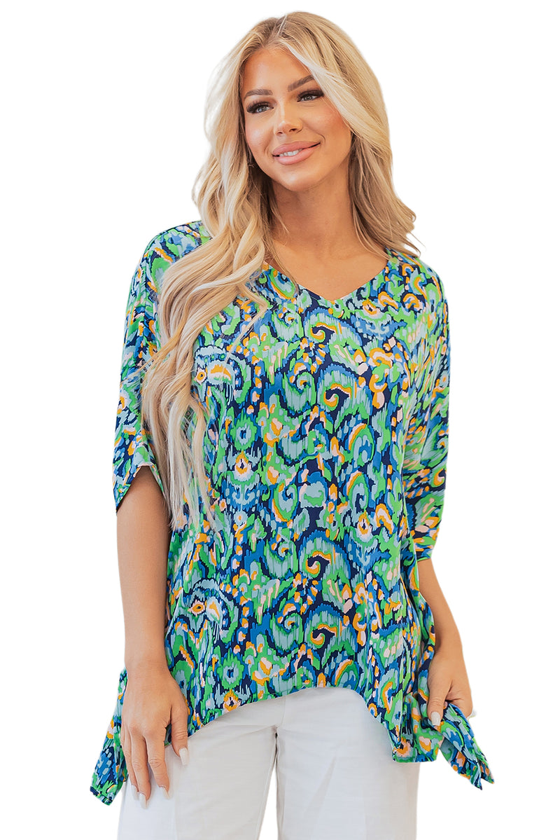Load image into Gallery viewer, DLLS20 - Green Abstract Print V Neck Half Sleeve Loose Fit Tunic Blouse
