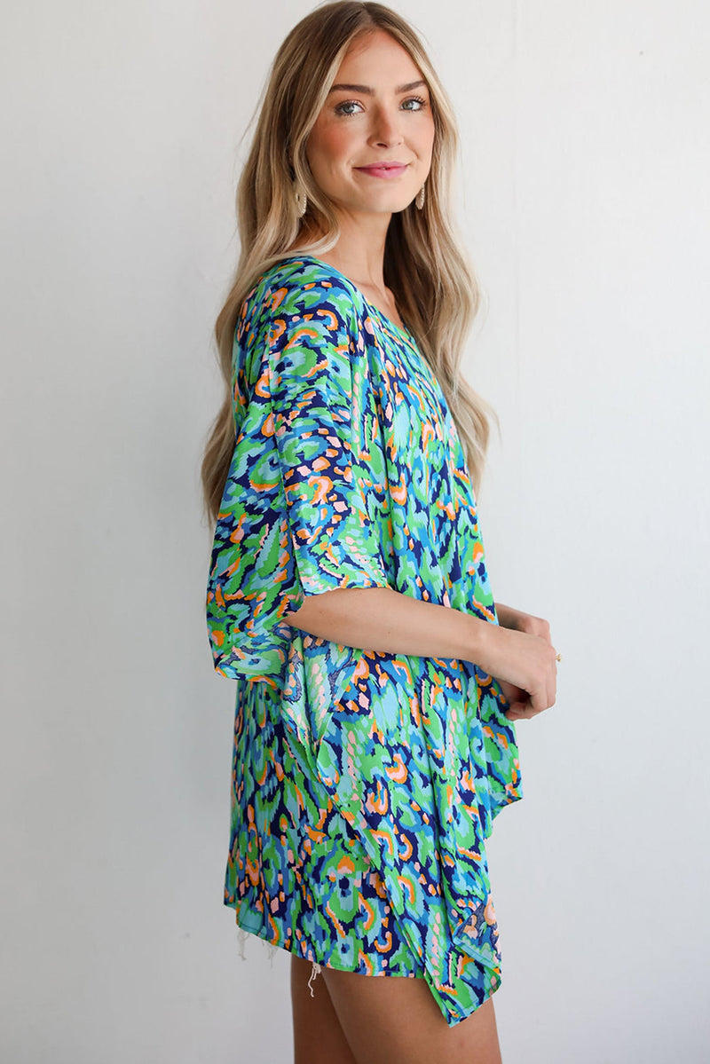 Load image into Gallery viewer, DLLS20 - Green Abstract Print V Neck Half Sleeve Loose Fit Tunic Blouse
