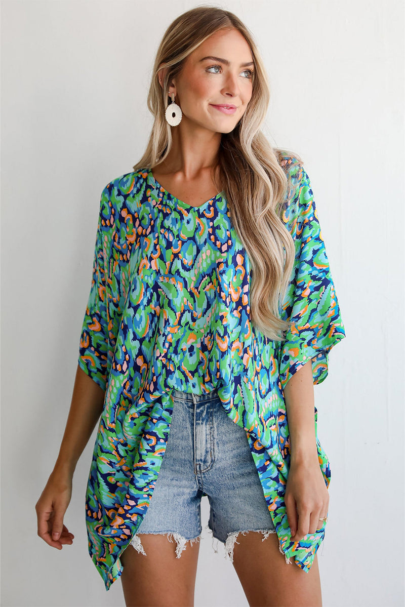 Load image into Gallery viewer, DLLS20 - Green Abstract Print V Neck Half Sleeve Loose Fit Tunic Blouse
