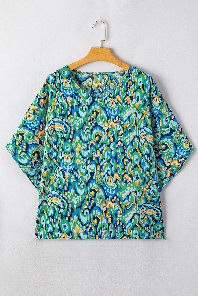 Load image into Gallery viewer, DLLS20 - Green Abstract Print V Neck Half Sleeve Loose Fit Tunic Blouse
