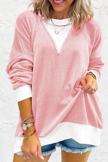 DLLS34 - Peach Blossom Corded Colorblock Drop Shoulder Loose Top