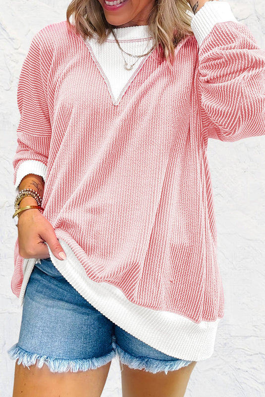DLLS34 - Peach Blossom Corded Colorblock Drop Shoulder Loose Top