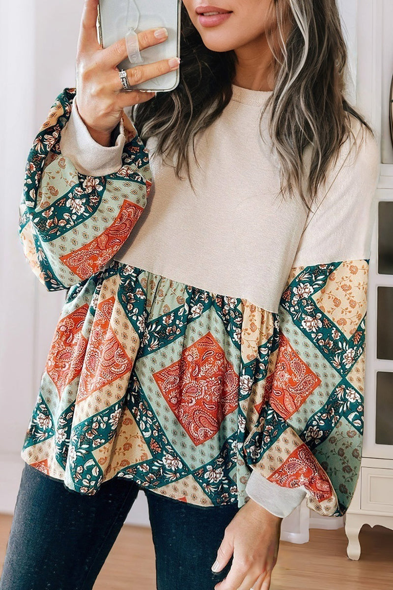 Load image into Gallery viewer, DLLS33 - Jet Stream Paisley Geometric Patchwork Crew Neck Loose Fit Top

