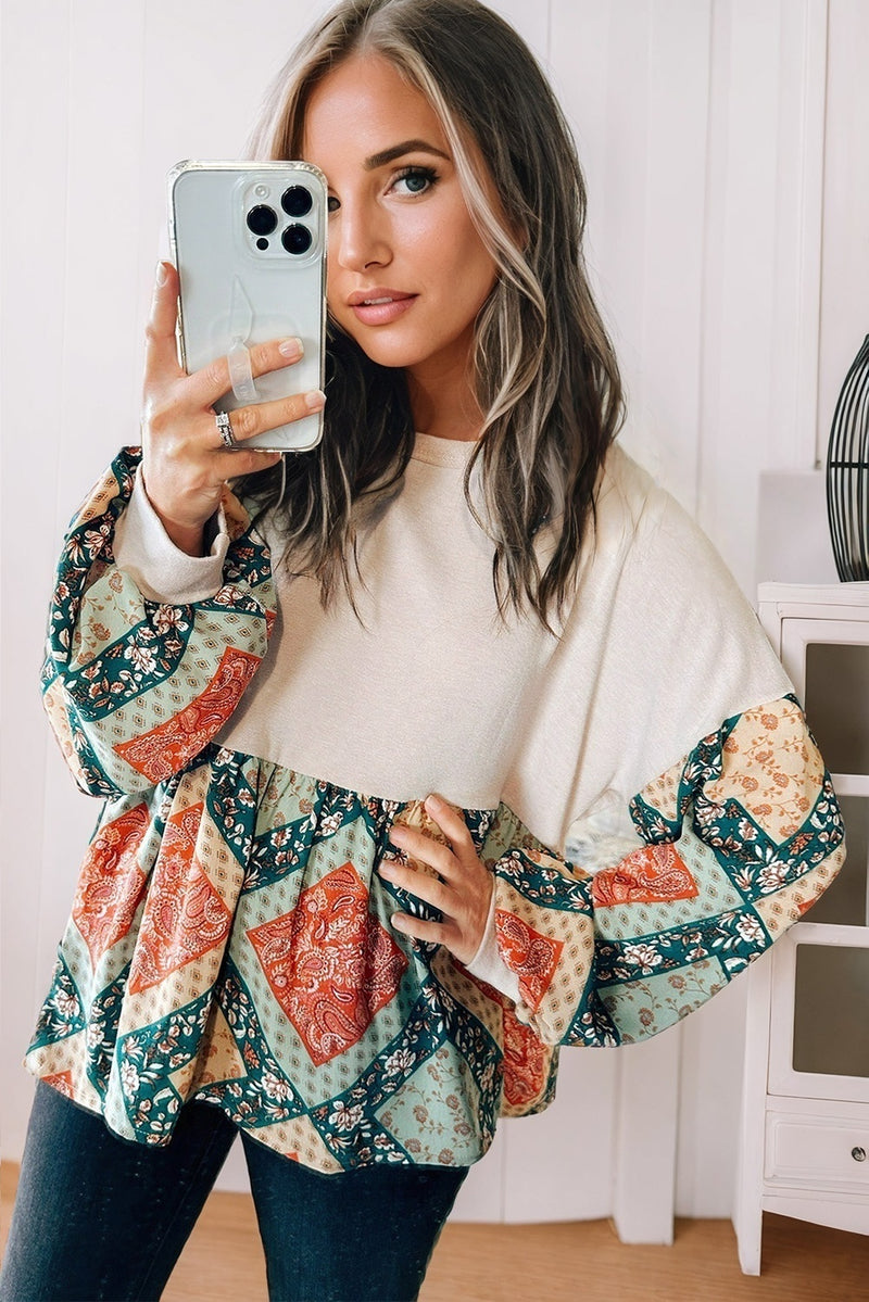 Load image into Gallery viewer, DLLS33 - Jet Stream Paisley Geometric Patchwork Crew Neck Loose Fit Top

