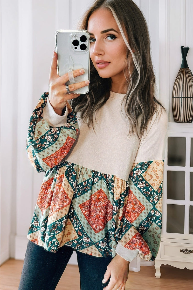 Load image into Gallery viewer, DLLS33 - Jet Stream Paisley Geometric Patchwork Crew Neck Loose Fit Top
