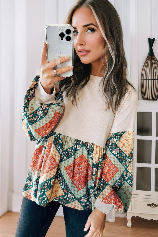 DLLS33 - Jet Stream Paisley Geometric Patchwork Crew Neck Loose Fit Top