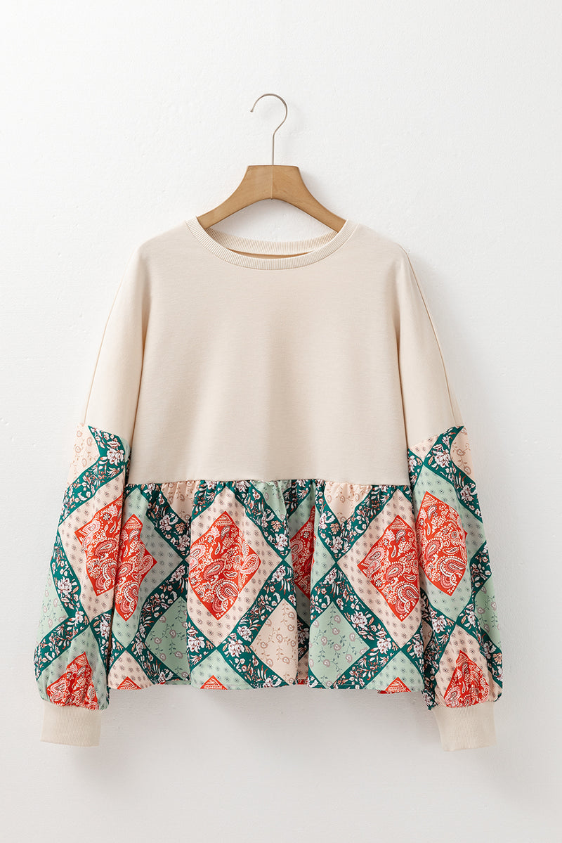 Load image into Gallery viewer, DLLS33 - Jet Stream Paisley Geometric Patchwork Crew Neck Loose Fit Top
