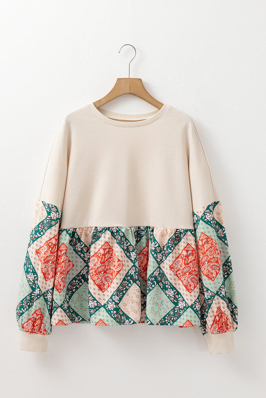 DLLS33 - Jet Stream Paisley Geometric Patchwork Crew Neck Loose Fit Top