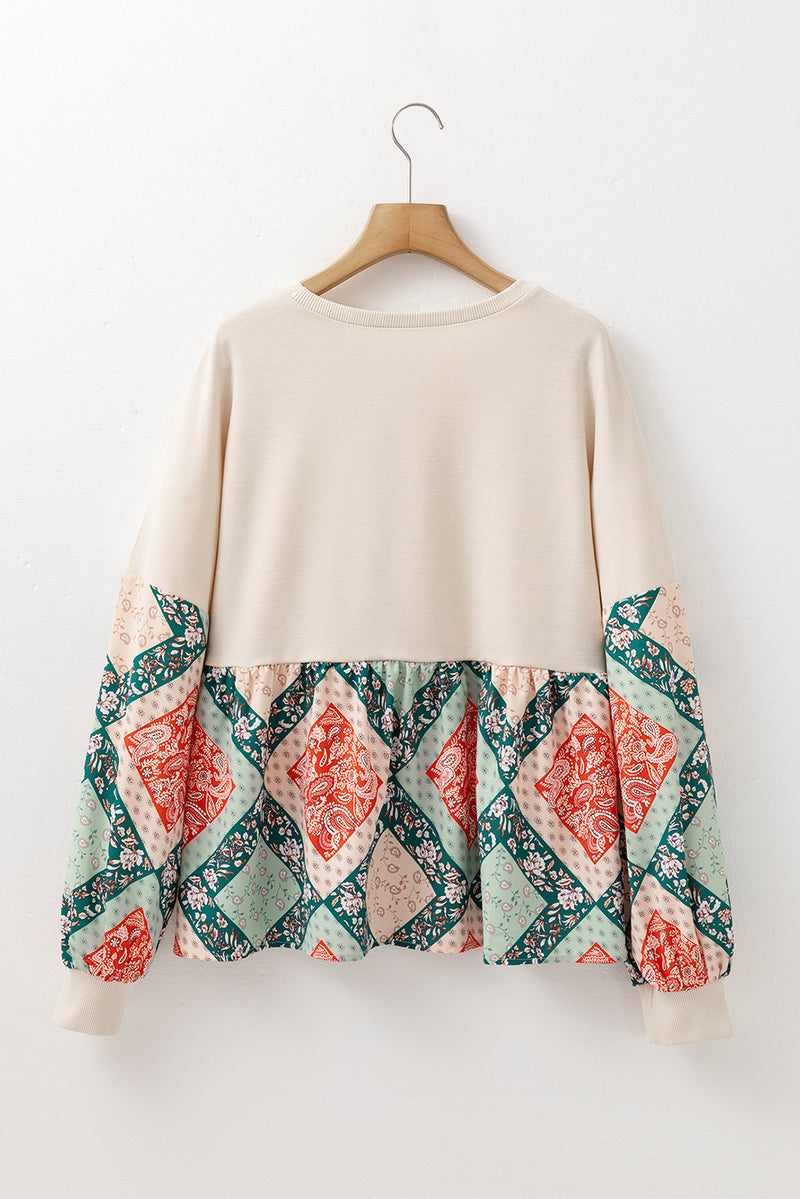 Load image into Gallery viewer, DLLS33 - Jet Stream Paisley Geometric Patchwork Crew Neck Loose Fit Top
