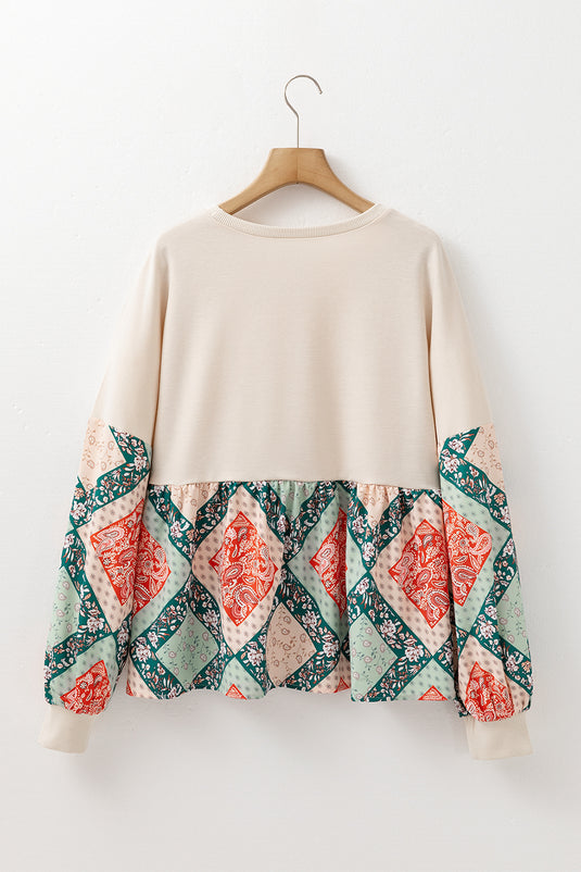 DLLS33 - Jet Stream Paisley Geometric Patchwork Crew Neck Loose Fit Top