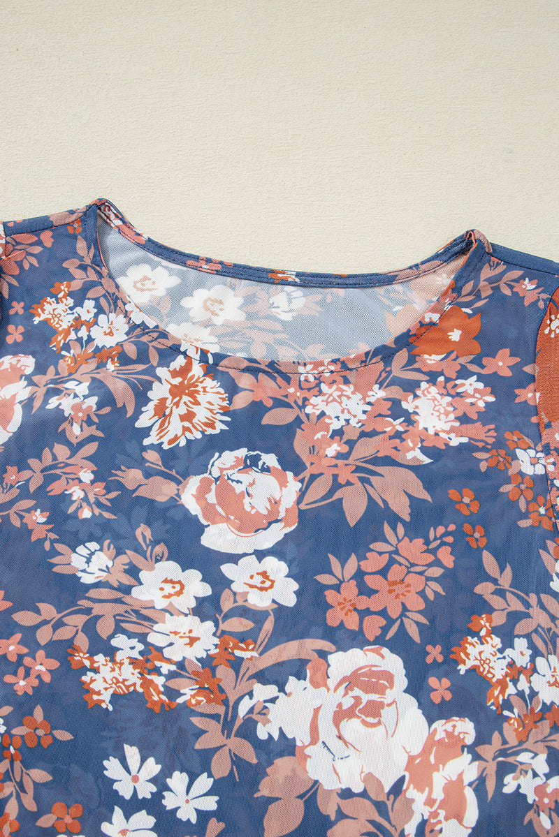 Load image into Gallery viewer, DLLS76 - Orchid Petal Floral Print Mesh Fitted Long Sleeve Top
