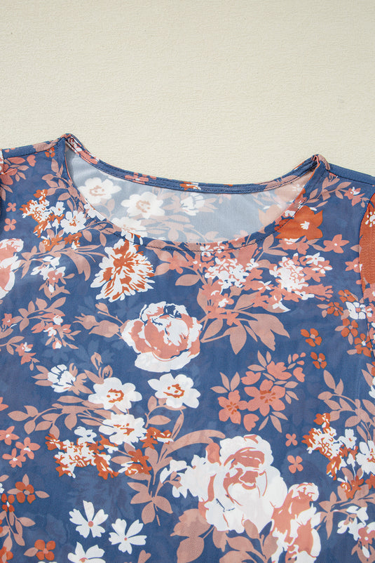 DLLS76 - Orchid Petal Floral Print Mesh Fitted Long Sleeve Top