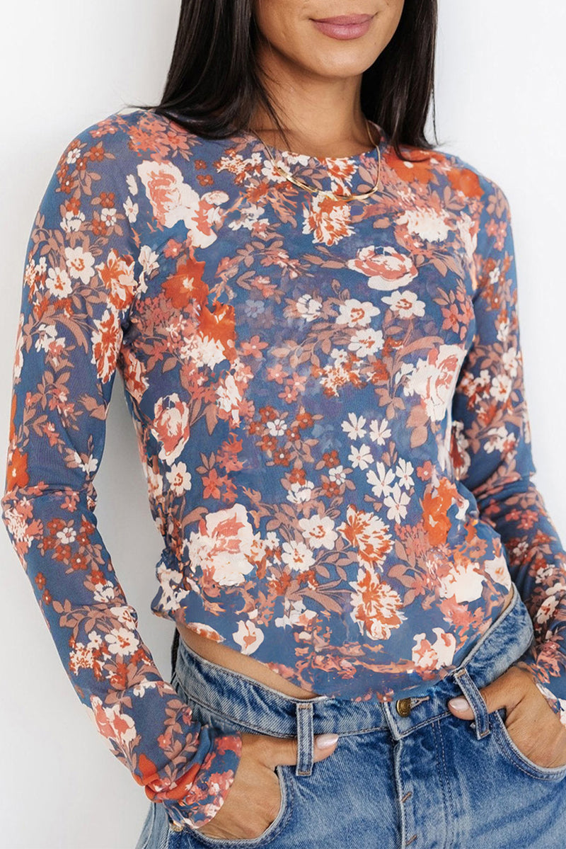 Load image into Gallery viewer, DLLS76 - Orchid Petal Floral Print Mesh Fitted Long Sleeve Top
