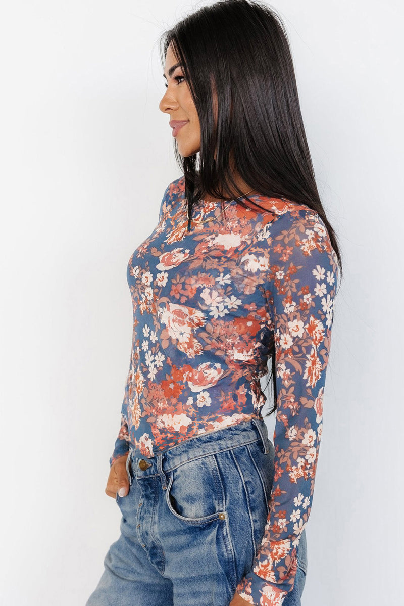 Load image into Gallery viewer, DLLS76 - Orchid Petal Floral Print Mesh Fitted Long Sleeve Top
