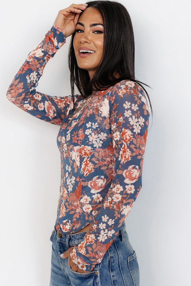 Load image into Gallery viewer, DLLS76 - Orchid Petal Floral Print Mesh Fitted Long Sleeve Top
