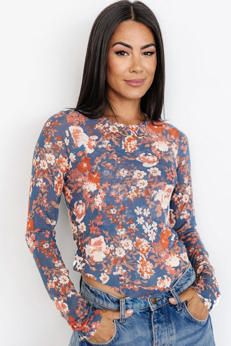 Load image into Gallery viewer, DLLS76 - Orchid Petal Floral Print Mesh Fitted Long Sleeve Top
