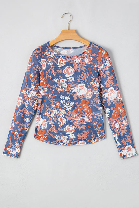 DLLS76 - Orchid Petal Floral Print Mesh Fitted Long Sleeve Top