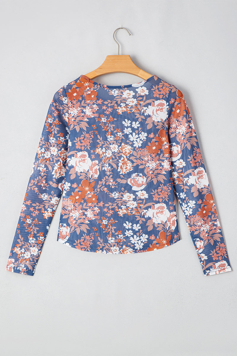 Load image into Gallery viewer, DLLS76 - Orchid Petal Floral Print Mesh Fitted Long Sleeve Top
