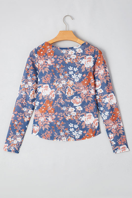 DLLS76 - Orchid Petal Floral Print Mesh Fitted Long Sleeve Top