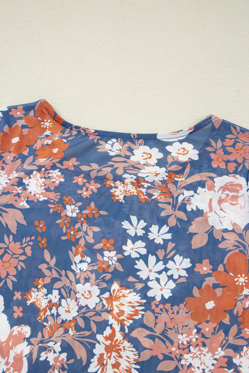 Load image into Gallery viewer, DLLS76 - Orchid Petal Floral Print Mesh Fitted Long Sleeve Top
