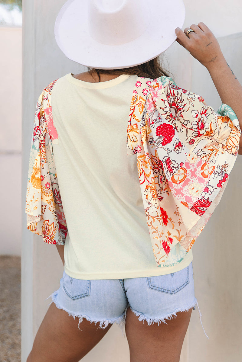 Load image into Gallery viewer, DLLS18 - Beige Floral Patchwork Half Batwing Sleeve Blouse
