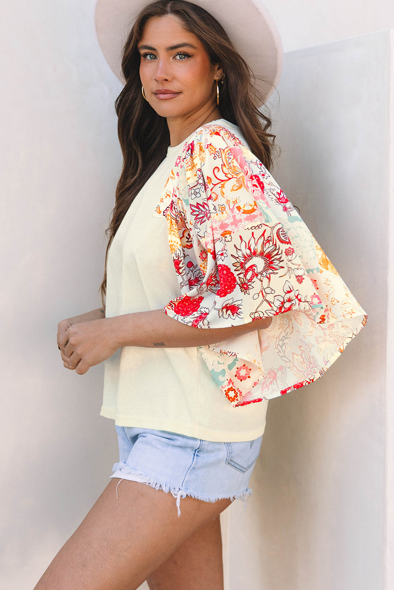 Load image into Gallery viewer, DLLS18 - Beige Floral Patchwork Half Batwing Sleeve Blouse
