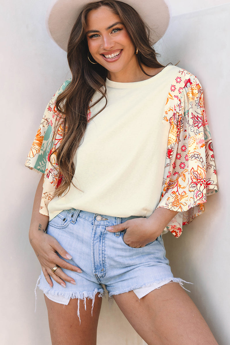Load image into Gallery viewer, DLLS18 - Beige Floral Patchwork Half Batwing Sleeve Blouse
