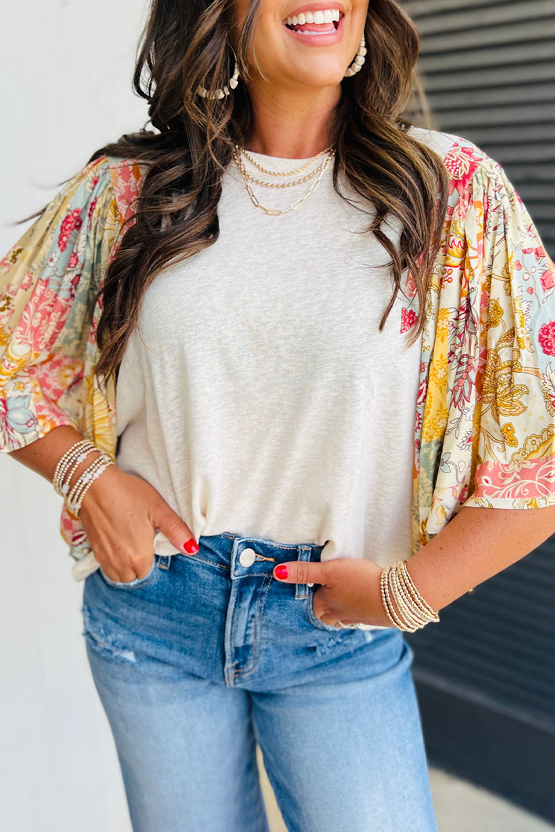 Load image into Gallery viewer, DLLS18 - Beige Floral Patchwork Half Batwing Sleeve Blouse
